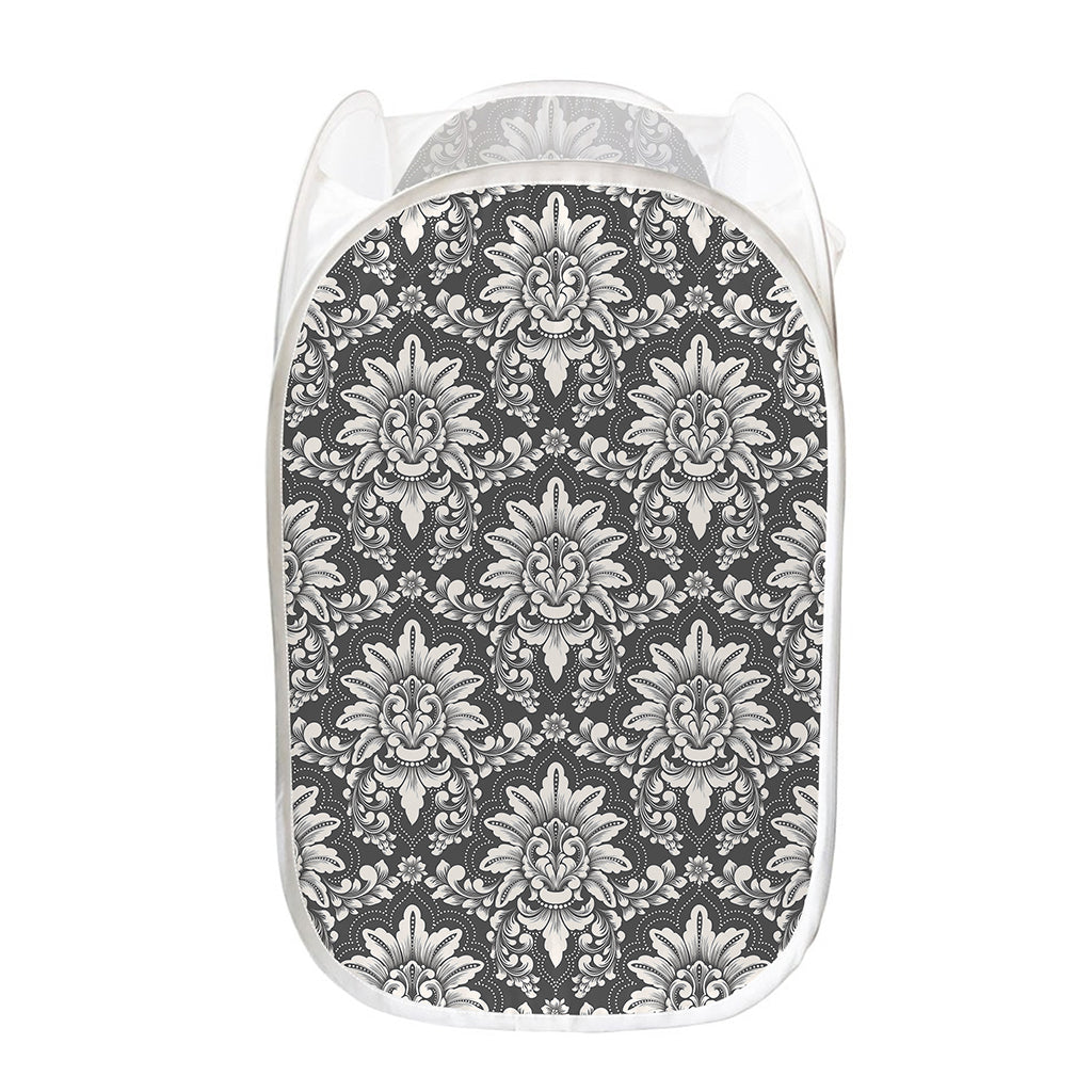 Grey Damask Pattern Print Mesh Laundry Hamper