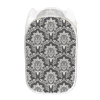 Grey Damask Pattern Print Mesh Laundry Hamper