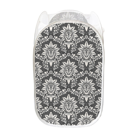 Grey Damask Pattern Print Mesh Laundry Hamper
