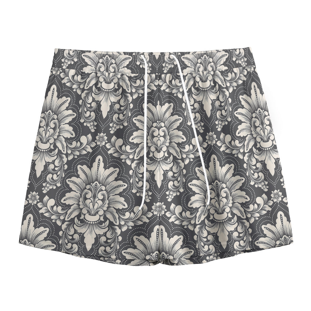 Grey Damask Pattern Print Mesh Shorts