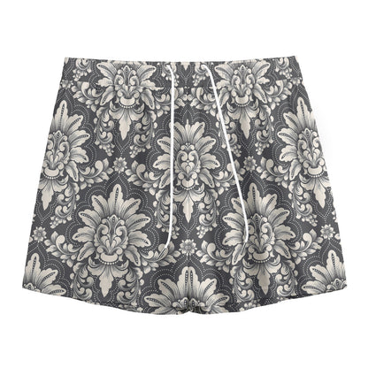 Grey Damask Pattern Print Mesh Shorts