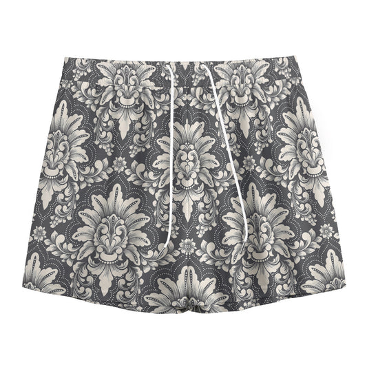 Grey Damask Pattern Print Mesh Shorts