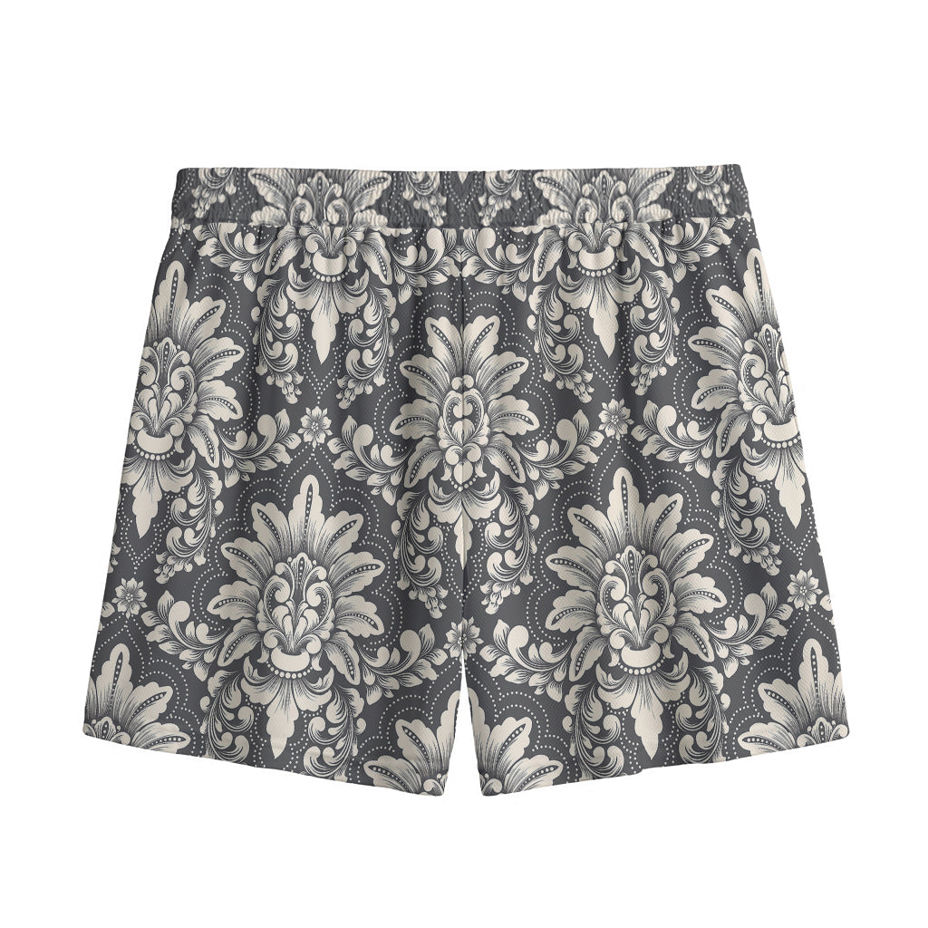 Grey Damask Pattern Print Mesh Shorts