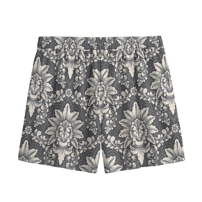 Grey Damask Pattern Print Mesh Shorts