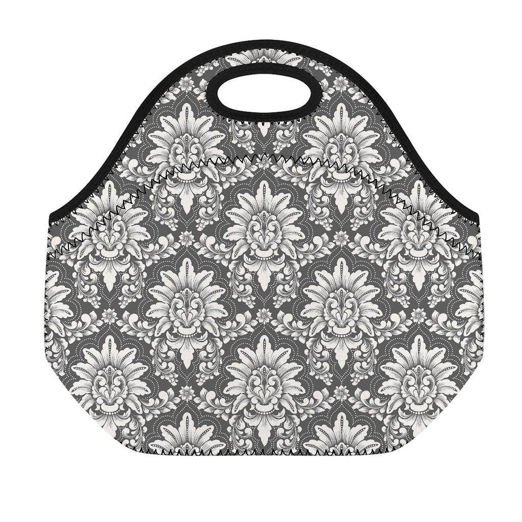 Grey Damask Pattern Print Neoprene Lunch Bag