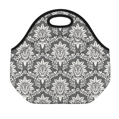 Grey Damask Pattern Print Neoprene Lunch Bag