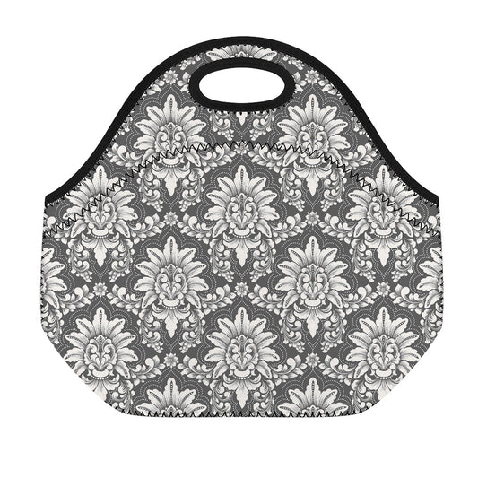 Grey Damask Pattern Print Neoprene Lunch Bag