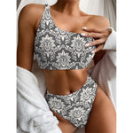 Grey Damask Pattern Print One Shoulder Bikini Top