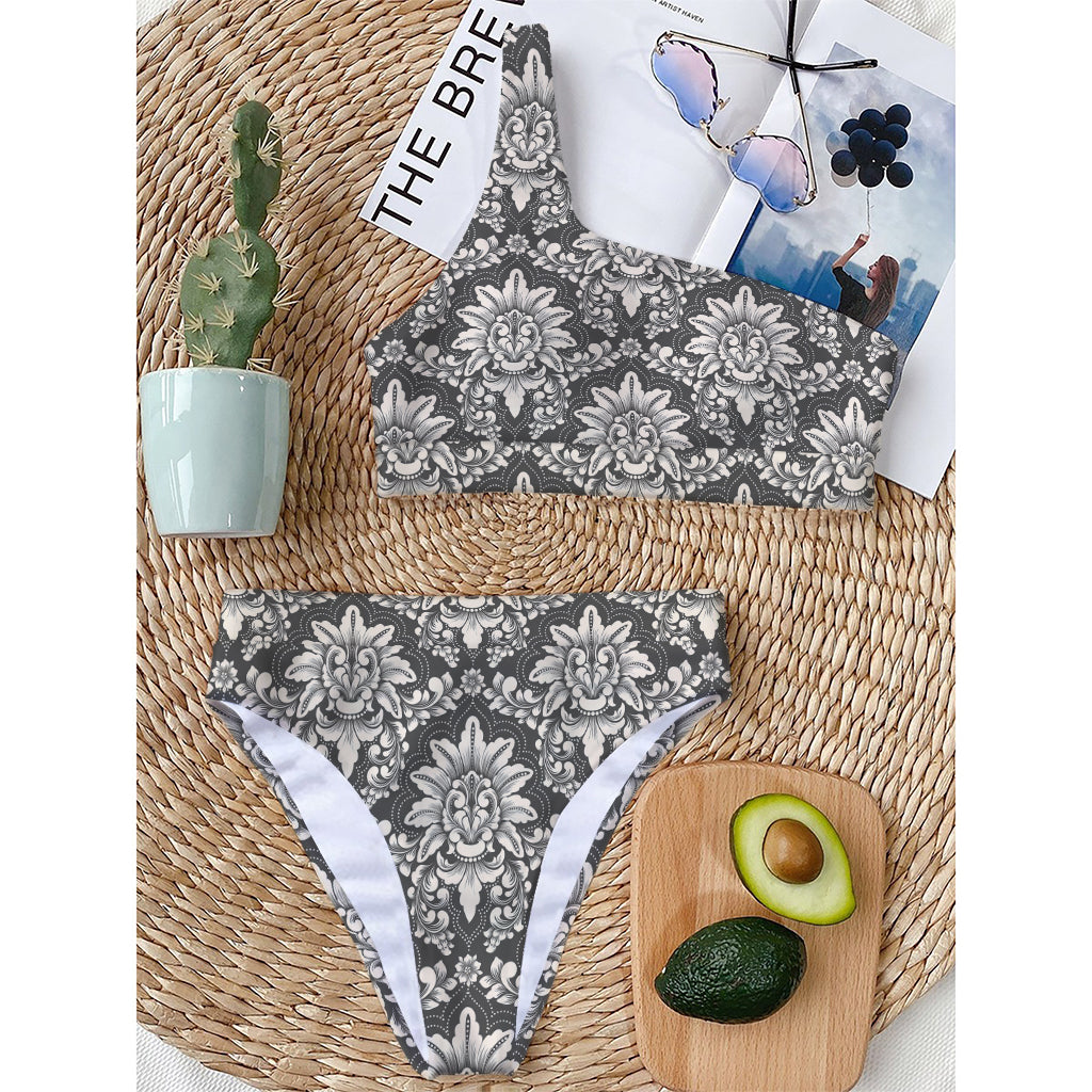 Grey Damask Pattern Print One Shoulder Bikini Top