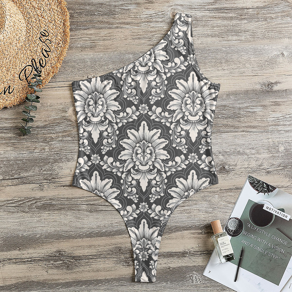 Grey Damask Pattern Print One Shoulder Bodysuit