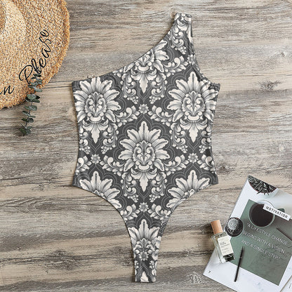 Grey Damask Pattern Print One Shoulder Bodysuit