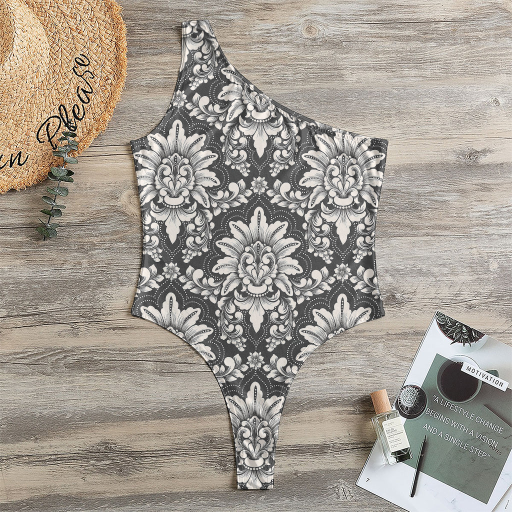 Grey Damask Pattern Print One Shoulder Bodysuit