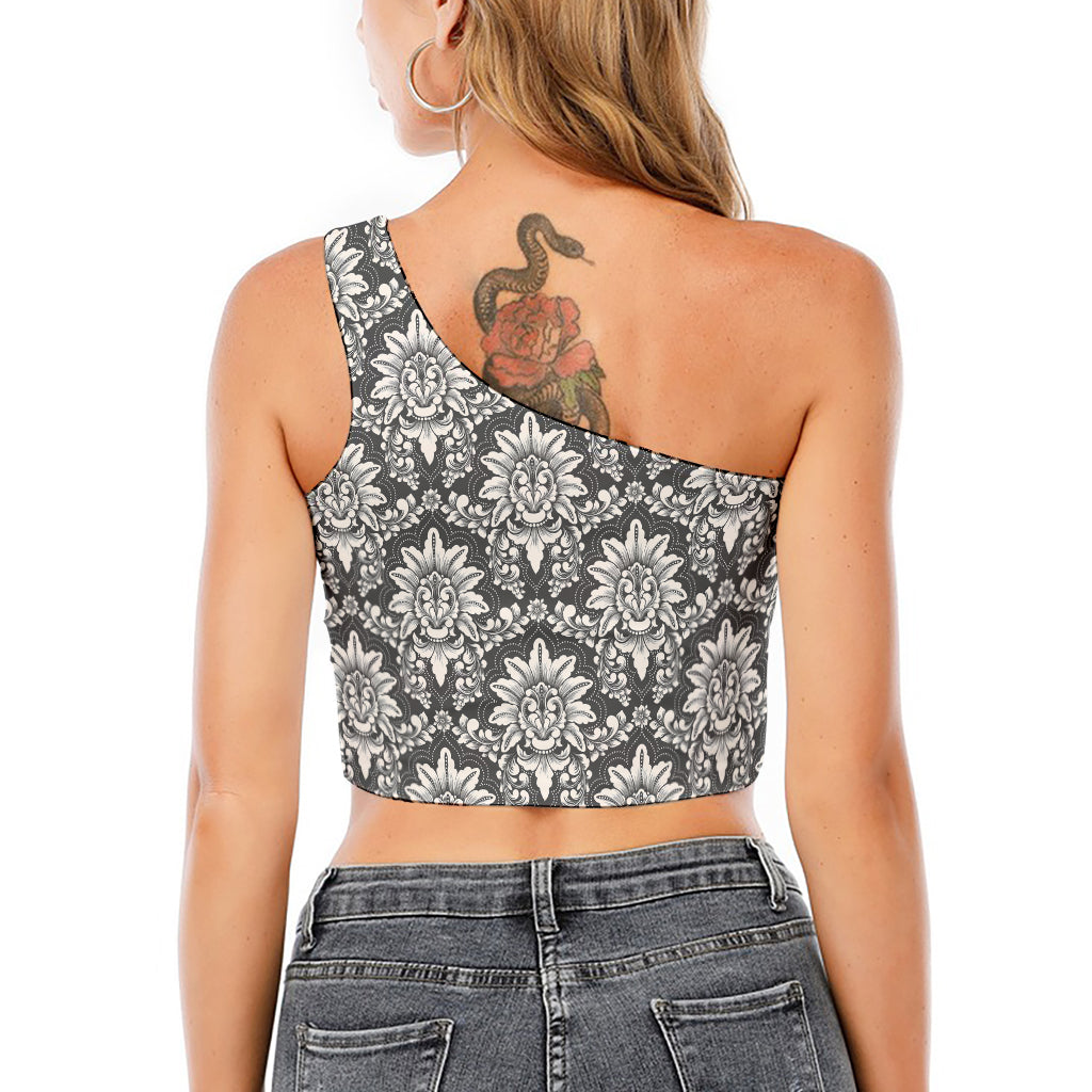 Grey Damask Pattern Print One Shoulder Crop Top
