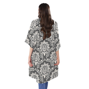 Grey Damask Pattern Print Open Front Beach Cover Up