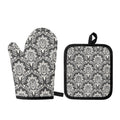Grey Damask Pattern Print Oven Mitt And Pot Holder Set