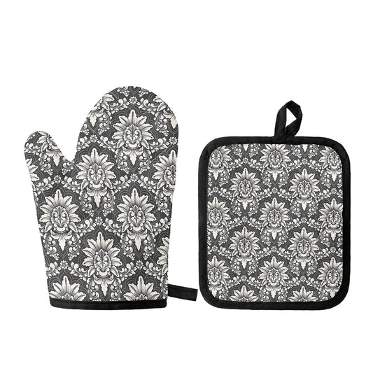 Grey Damask Pattern Print Oven Mitt And Pot Holder Set