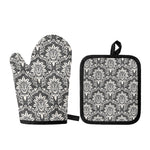 Grey Damask Pattern Print Oven Mitt And Pot Holder Set