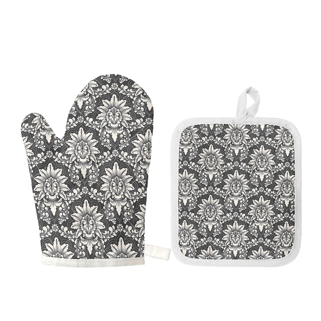 Grey Damask Pattern Print Oven Mitt And Pot Holder Set
