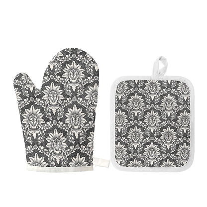 Grey Damask Pattern Print Oven Mitt And Pot Holder Set