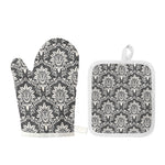 Grey Damask Pattern Print Oven Mitt And Pot Holder Set