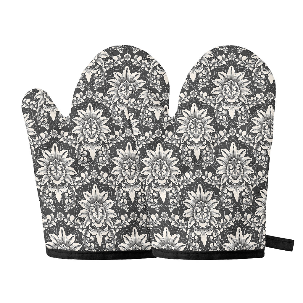 Grey Damask Pattern Print Oven Mitts