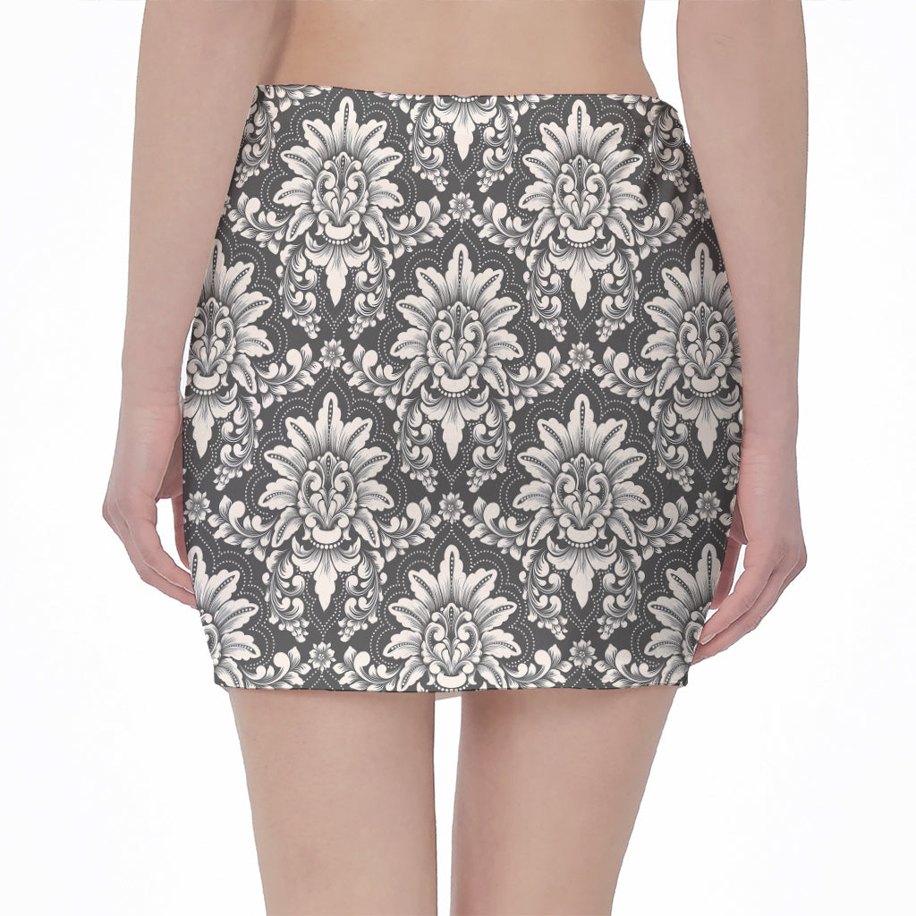 Grey Damask Pattern Print Pencil Mini Skirt