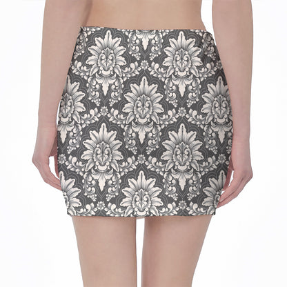 Grey Damask Pattern Print Pencil Mini Skirt