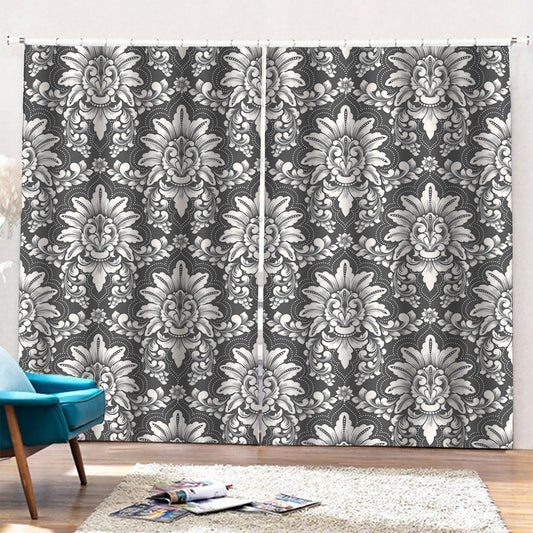 Grey Damask Pattern Print Pencil Pleat Curtains