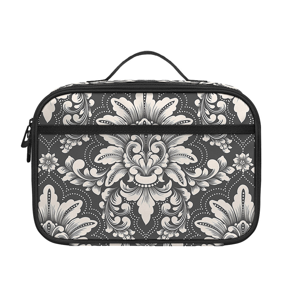 Grey Damask Pattern Print Portable Lunch Bag