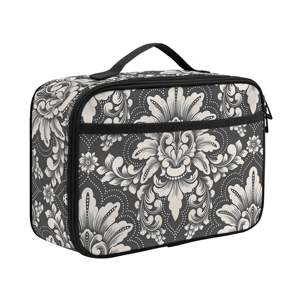 Grey Damask Pattern Print Portable Lunch Bag