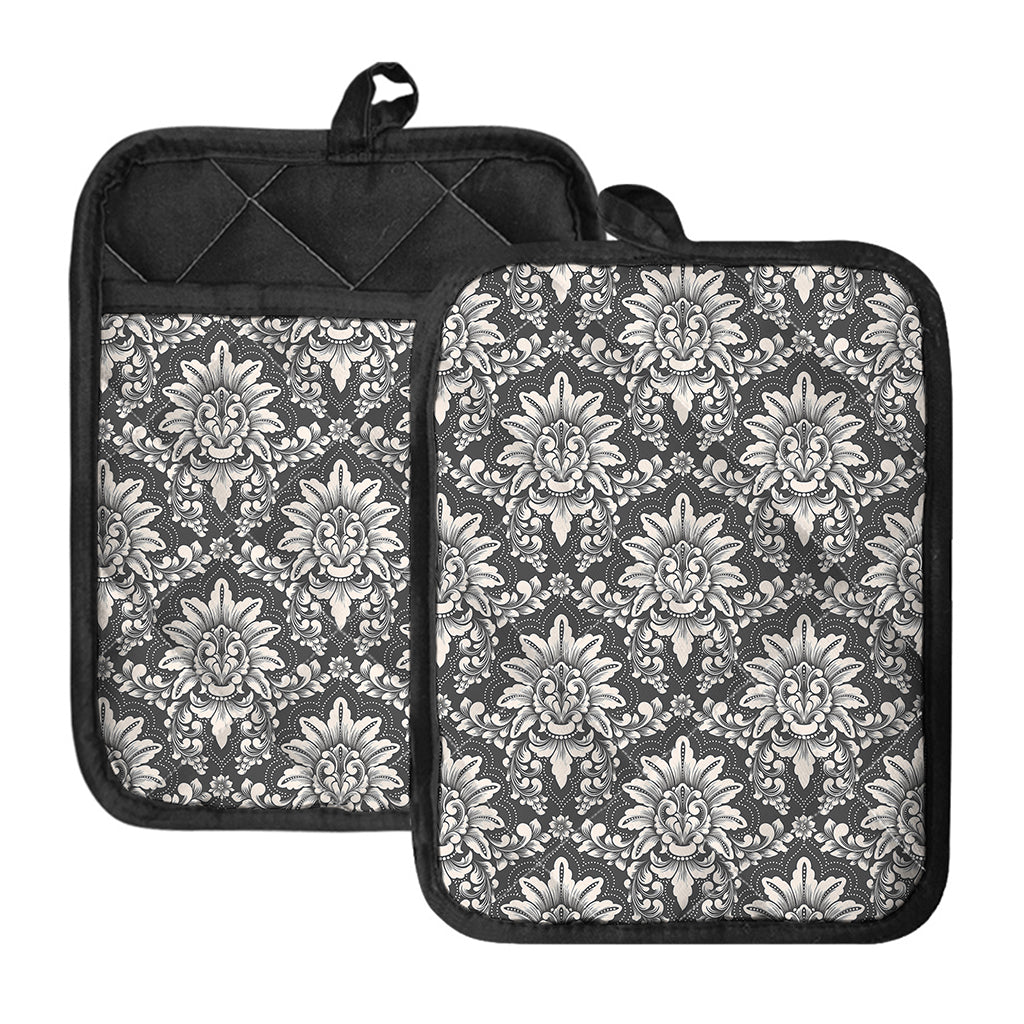 Grey Damask Pattern Print Pot Holders With Pocket