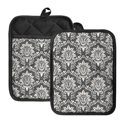Grey Damask Pattern Print Pot Holders With Pocket