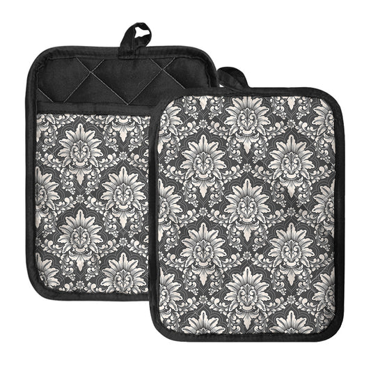 Grey Damask Pattern Print Pot Holders With Pocket