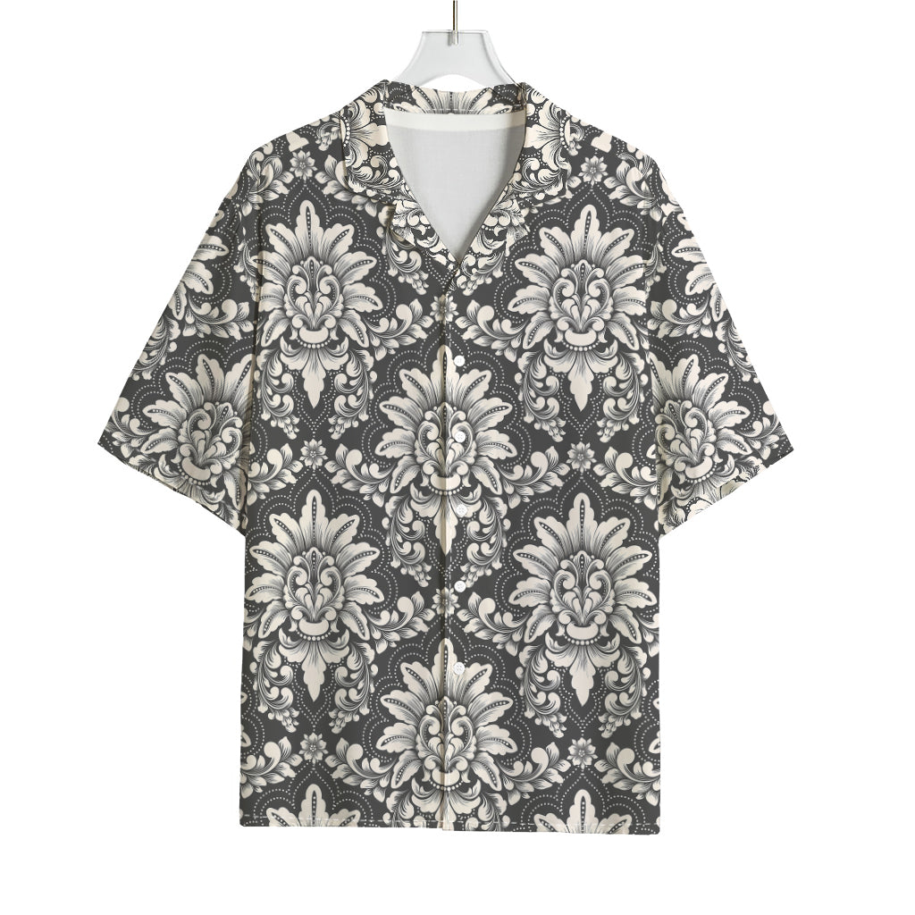 Grey Damask Pattern Print Rayon Hawaiian Shirt