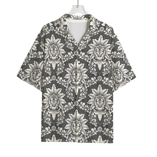 Grey Damask Pattern Print Rayon Hawaiian Shirt