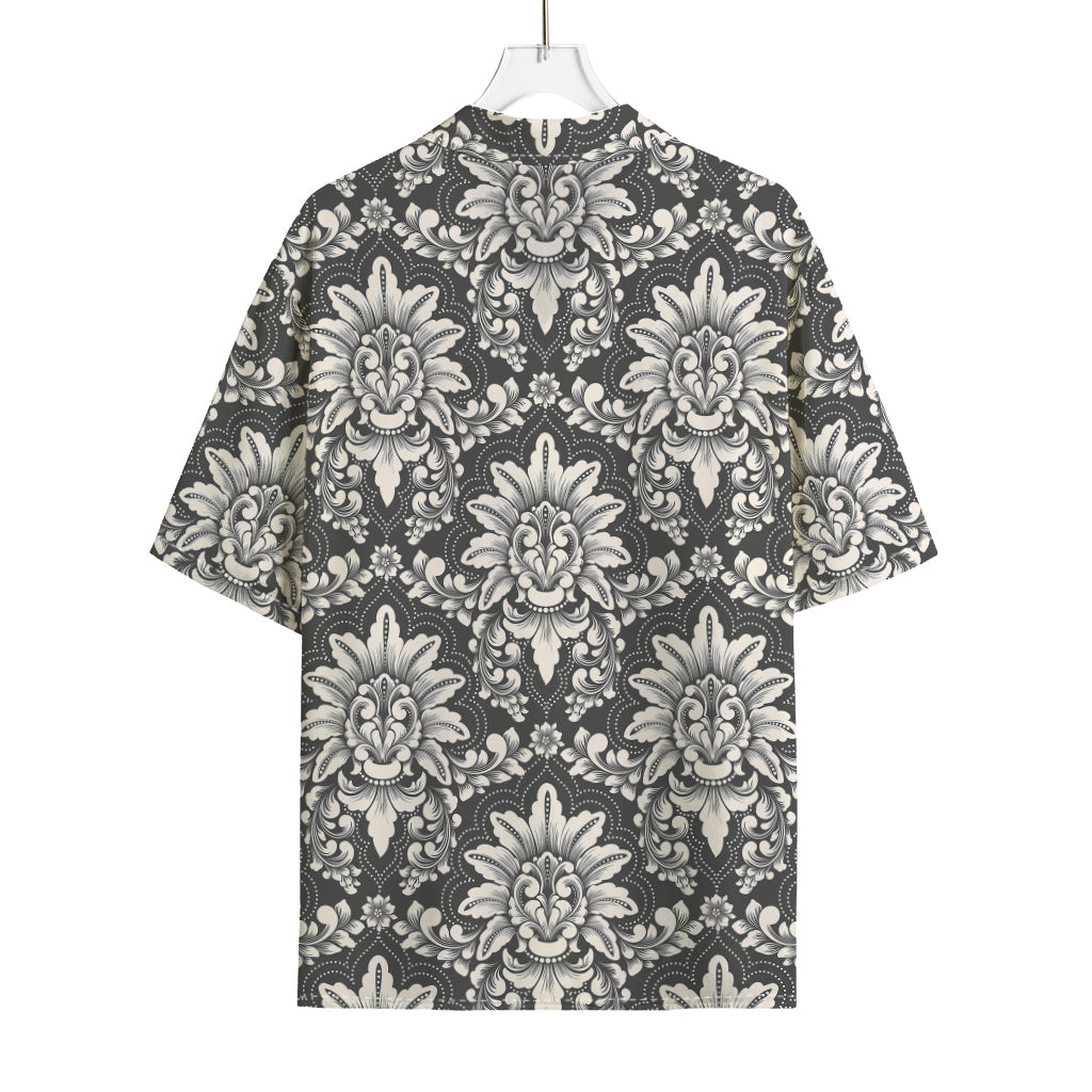 Grey Damask Pattern Print Rayon Hawaiian Shirt