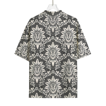 Grey Damask Pattern Print Rayon Hawaiian Shirt