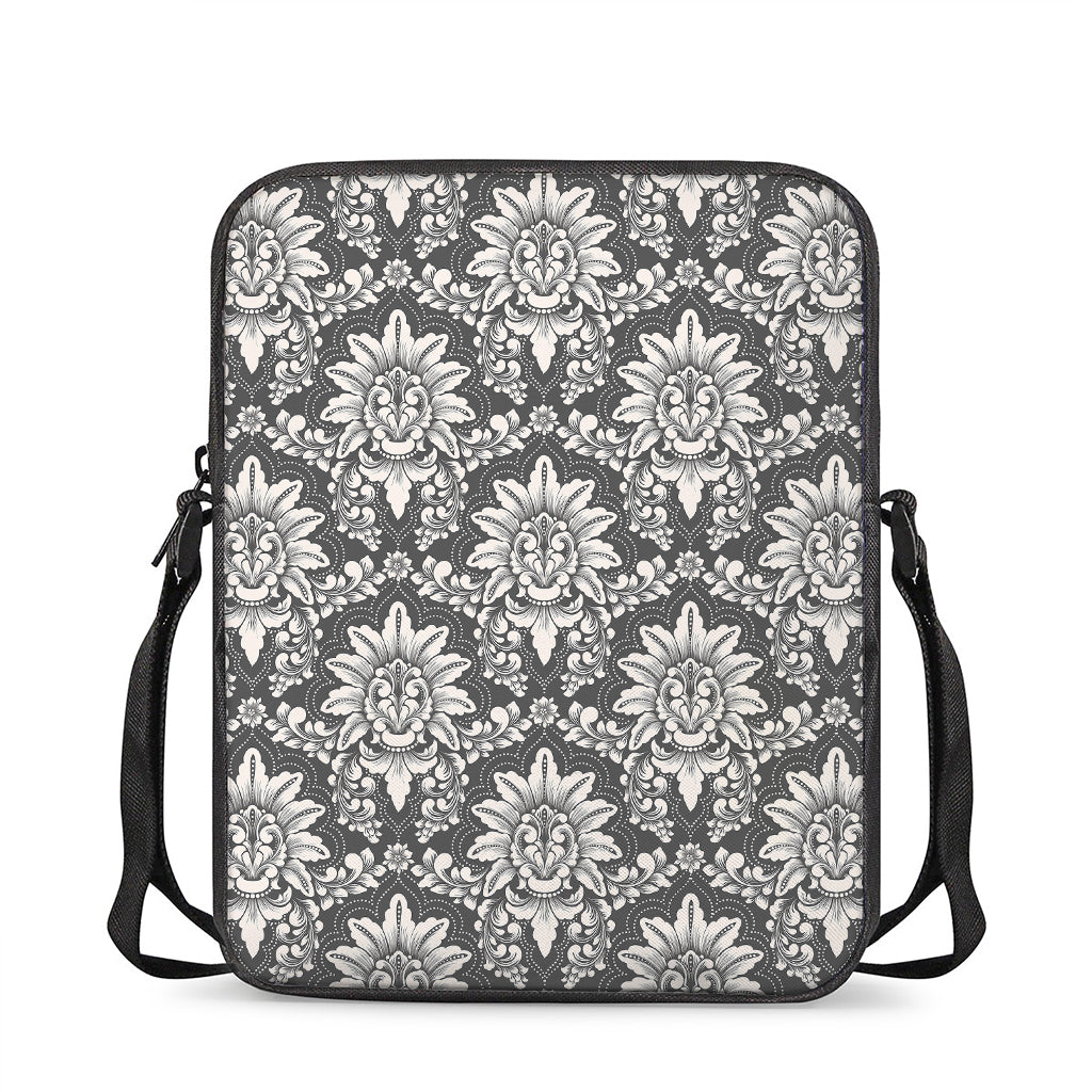 Grey Damask Pattern Print Rectangular Crossbody Bag