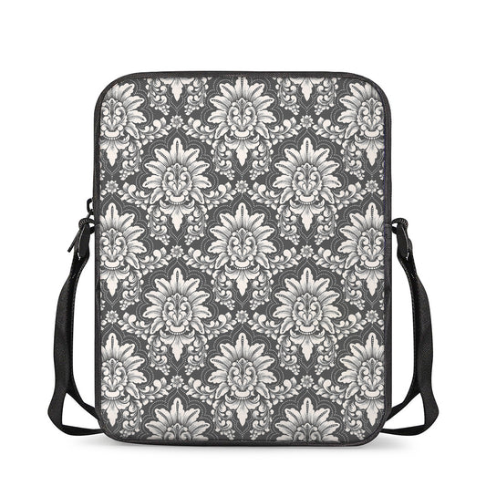 Grey Damask Pattern Print Rectangular Crossbody Bag