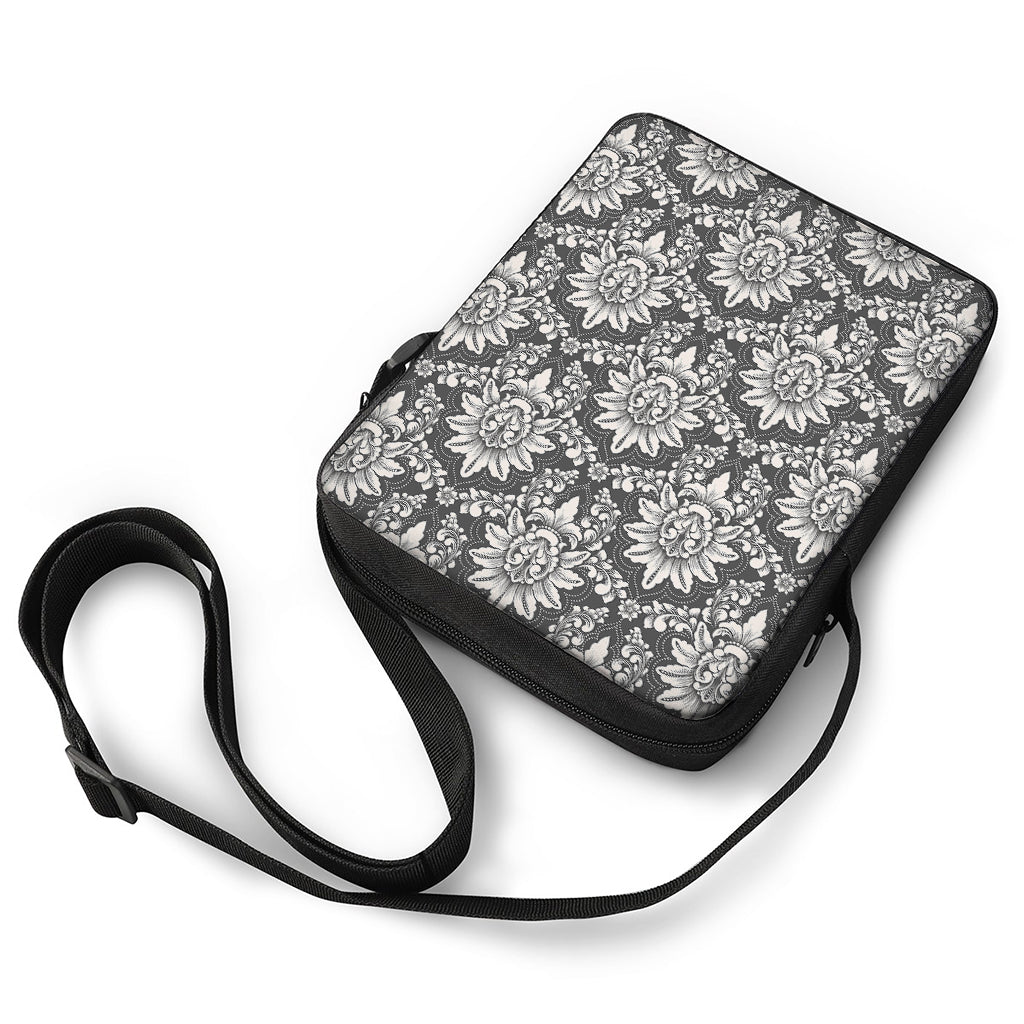 Grey Damask Pattern Print Rectangular Crossbody Bag