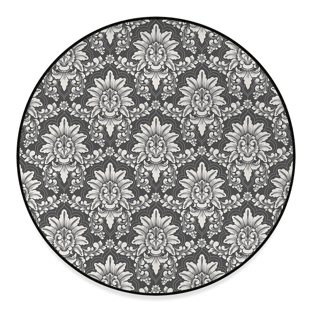 Grey Damask Pattern Print Round Floor Mat