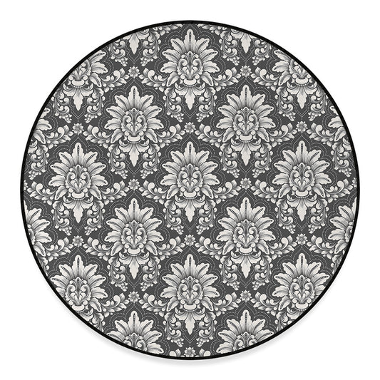 Grey Damask Pattern Print Round Floor Mat