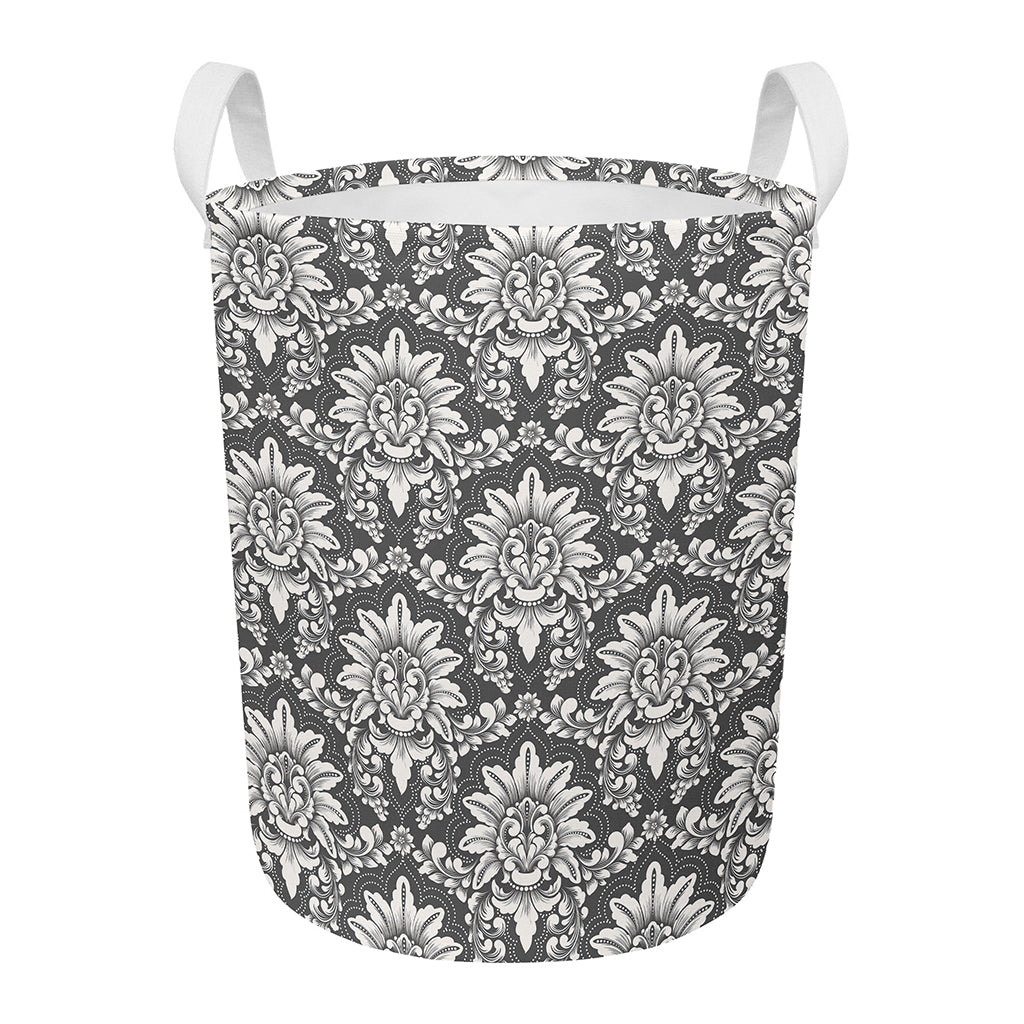 Grey Damask Pattern Print Round Laundry Basket