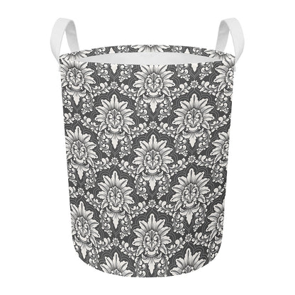 Grey Damask Pattern Print Round Laundry Basket
