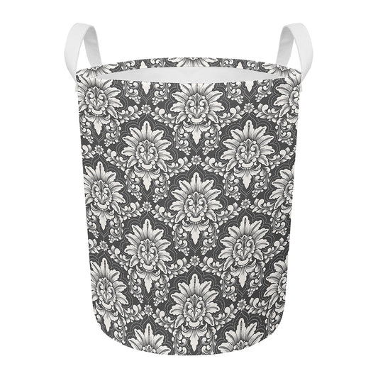 Grey Damask Pattern Print Round Laundry Basket