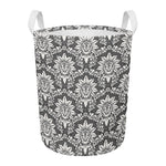 Grey Damask Pattern Print Round Laundry Basket