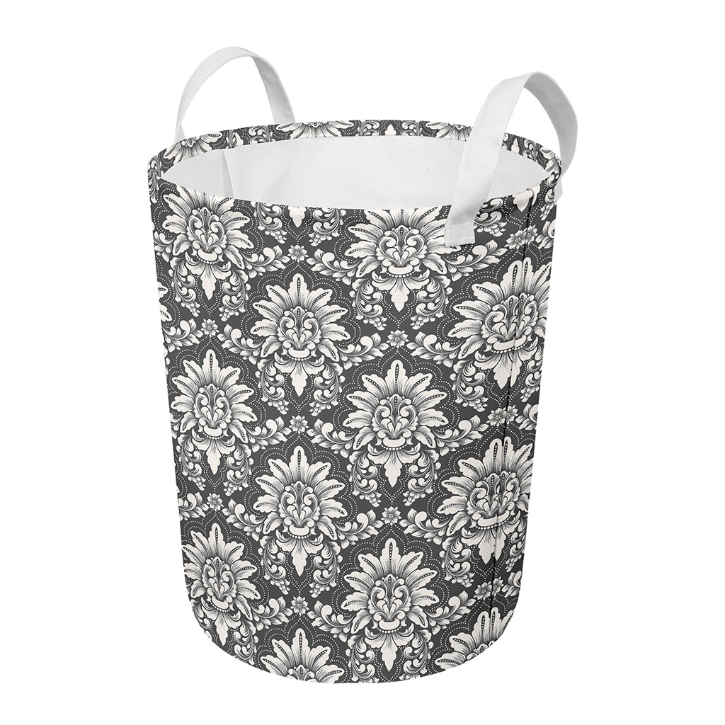 Grey Damask Pattern Print Round Laundry Basket