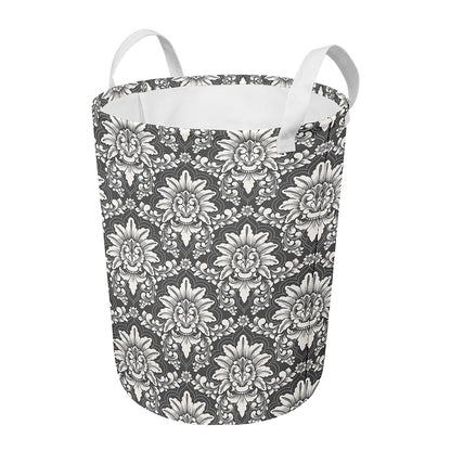 Grey Damask Pattern Print Round Laundry Basket