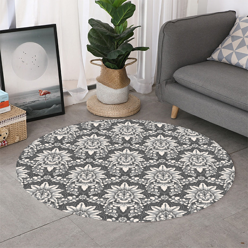 Grey Damask Pattern Print Round Rug