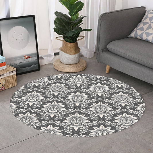 Grey Damask Pattern Print Round Rug